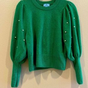 CECE GREEN SWEATER. PEARL EMBELLISHED BALLOON SLEEVES. SIZE SMALL